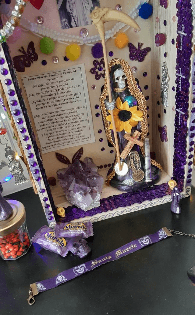 Bracelet tissus Santa Muerte violet/doré