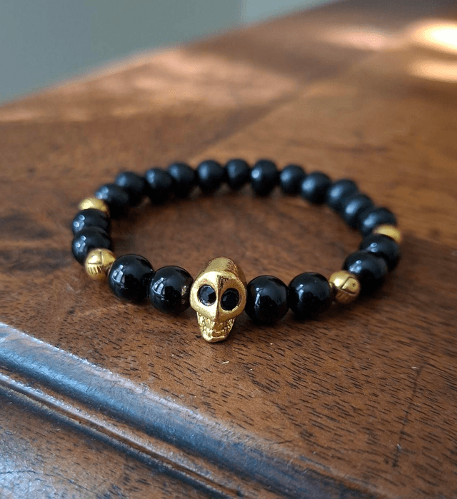 Bracelet Santa Muerte noir crâne doré